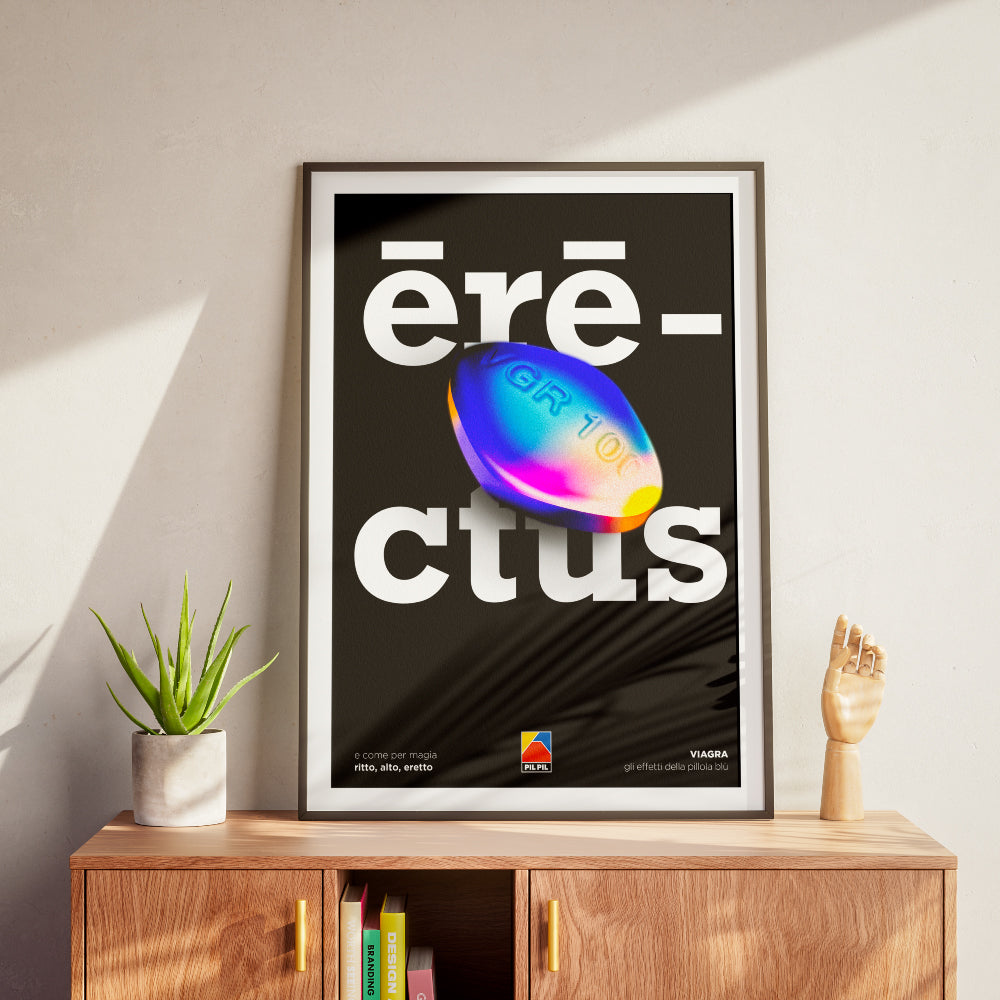 Poster grafico tipografico con scritta rectus su sfondo nero e pillola blu iridescente al centro, design pop contemporaneo ironico e provocatorio firmato PIL PIL  ideale per decorazione parete moderna.