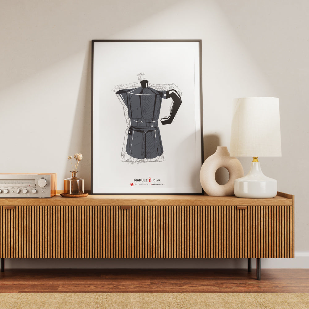 Illustrazione moderna di una moka napoletana, poster artistico sul caffe espresso italiano, decorazione da cucina e bar in stile vintage.