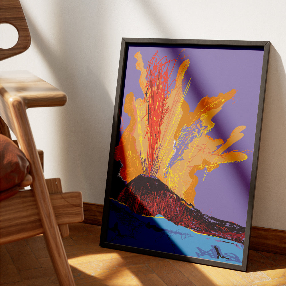 Quadro moderno Pop Art del Vesuvio con colori vivaci rosso e arancione su sfondo viola, icona di Napoli.