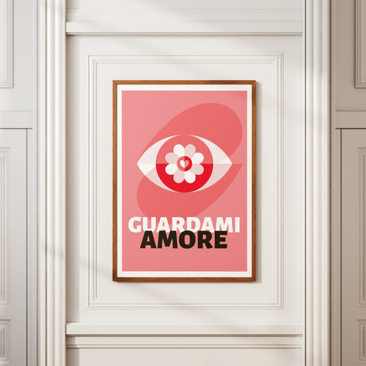 Poster guardami amore con grafica moderna rosa e occhio stilizzato con fiore al centro stampa d arte pop e minimalista.