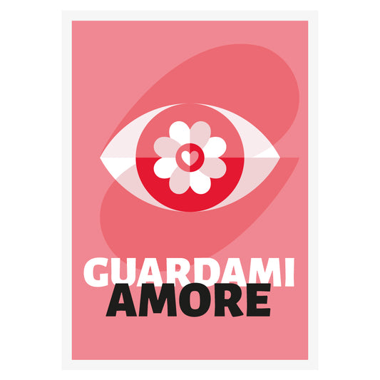 Poster guardami amore con grafica moderna rosa e occhio stilizzato con fiore al centro stampa d arte pop e minimalista.