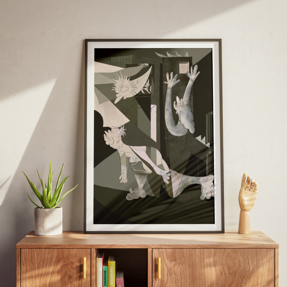 Un poster che mette in dialogo due mondi lontani solo in apparenza l arte monumentale di Picasso e l immaginario pop de I Simpson un omaggio ironico e potente alla cultura visiva contemporanea dove il dramma diventa cartoon e il linguaggio dell arte si rinnova con leggerezza e intelligenza.