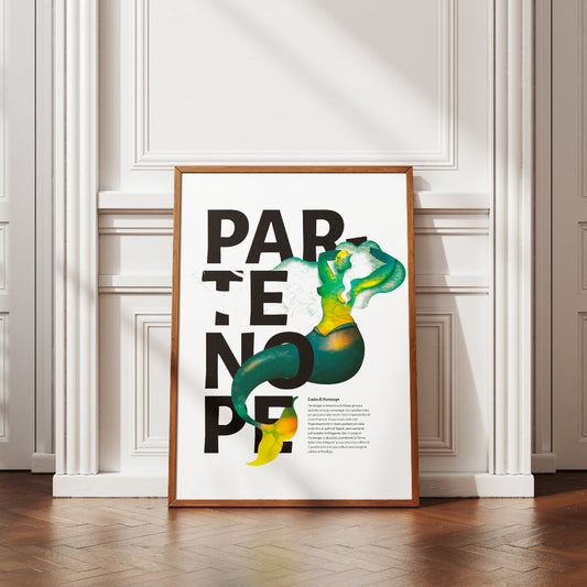 Poster artistico Partenope con sirena verde e gialla su tipografia nera, decorazione da parete moderna ispirata a Napoli.