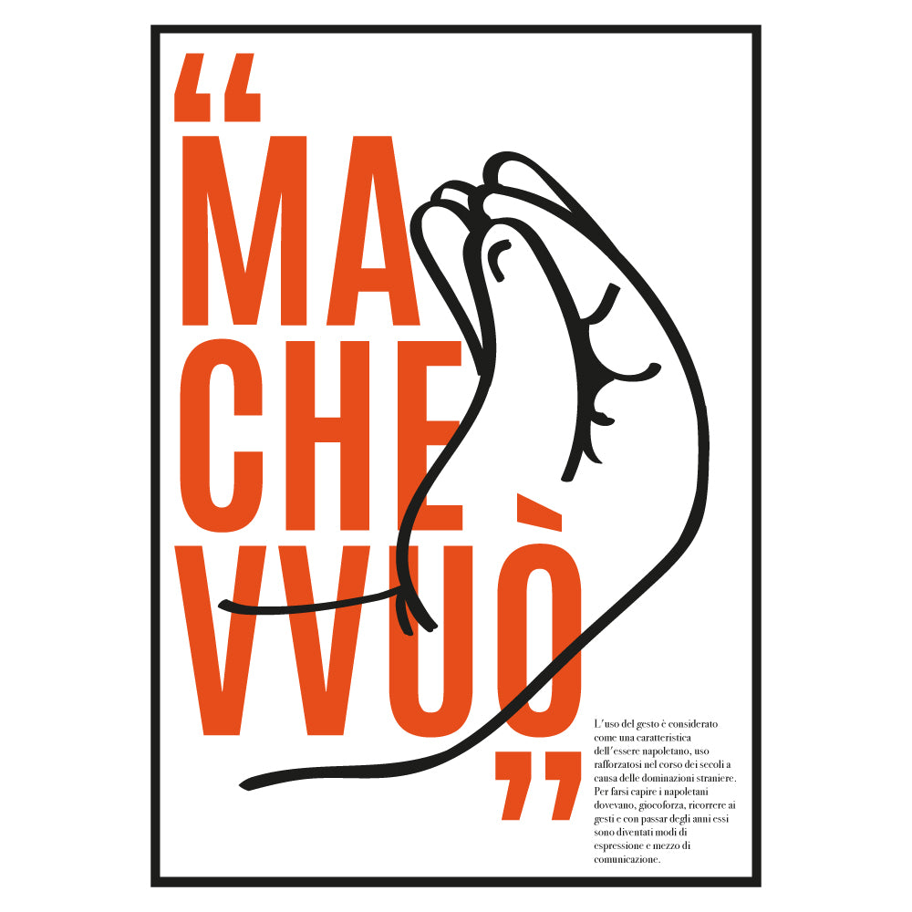 Poster tipografico minimalista con frase Ma che vvuo in rosso su sfondo grigio, accompagnato da illustrazione stilizzata del gesto napoletano con dita unite verso l’alto.