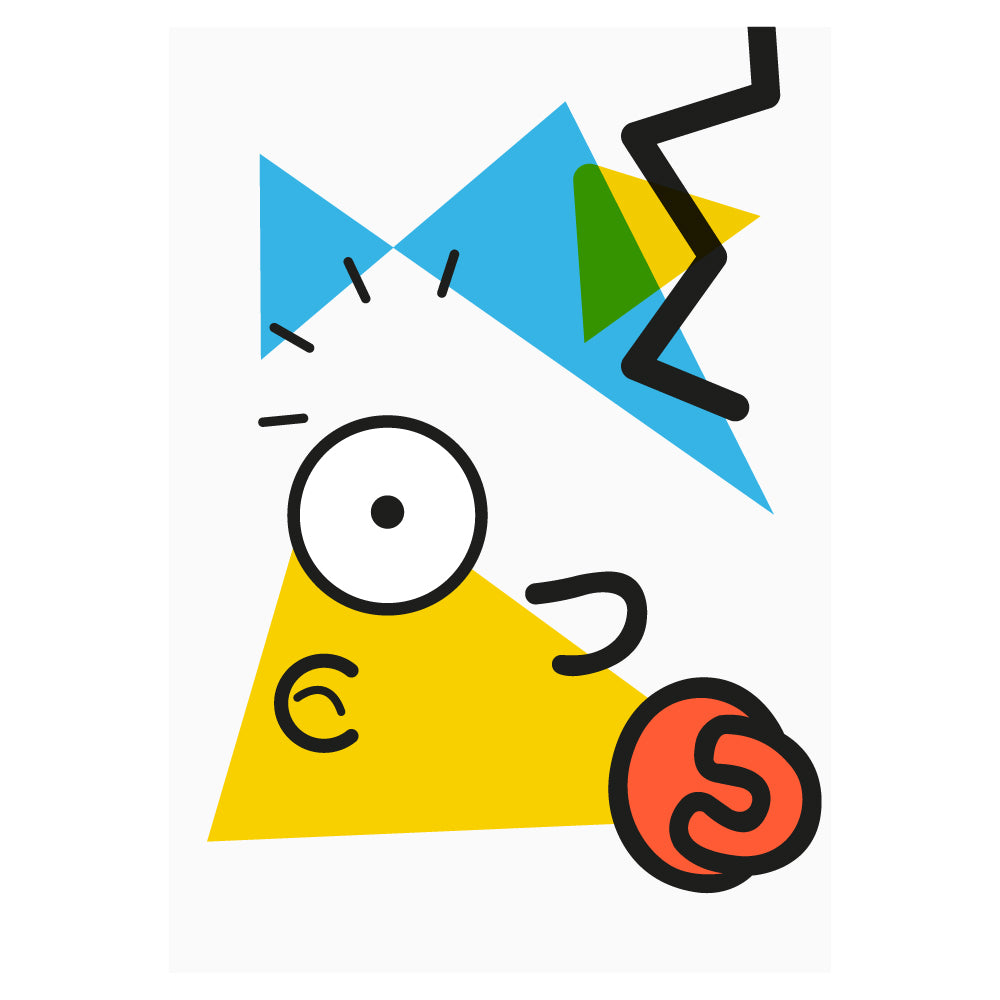 Poster astratto con forme geometriche colorate in stile Kandinsky che richiamano Maggie dei Simpson con triangolo giallo forme blu e verdi  linee nere dinamiche ed elemento circolare arancione stile ciuccio.