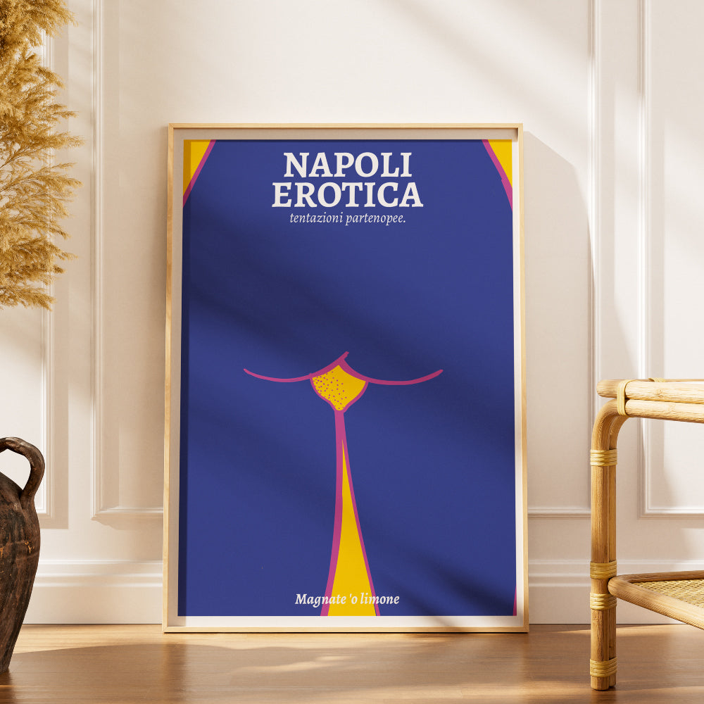 Poster Napoli Erotica “Magnate ’o Limone” con illustrazione stilizzata ispirata al limone, ai doppi sensi e all’ironia della cultura popolare napoletana.