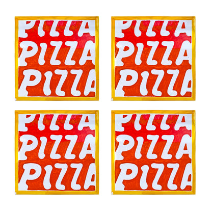 Maiolica artigianale napoletana in terracotta di pasta rossa smaltata, dipinta a mano con scritta Pizza Pizza Pizza decorazione pop ispirata alla pizza napoletana, uso alimentare