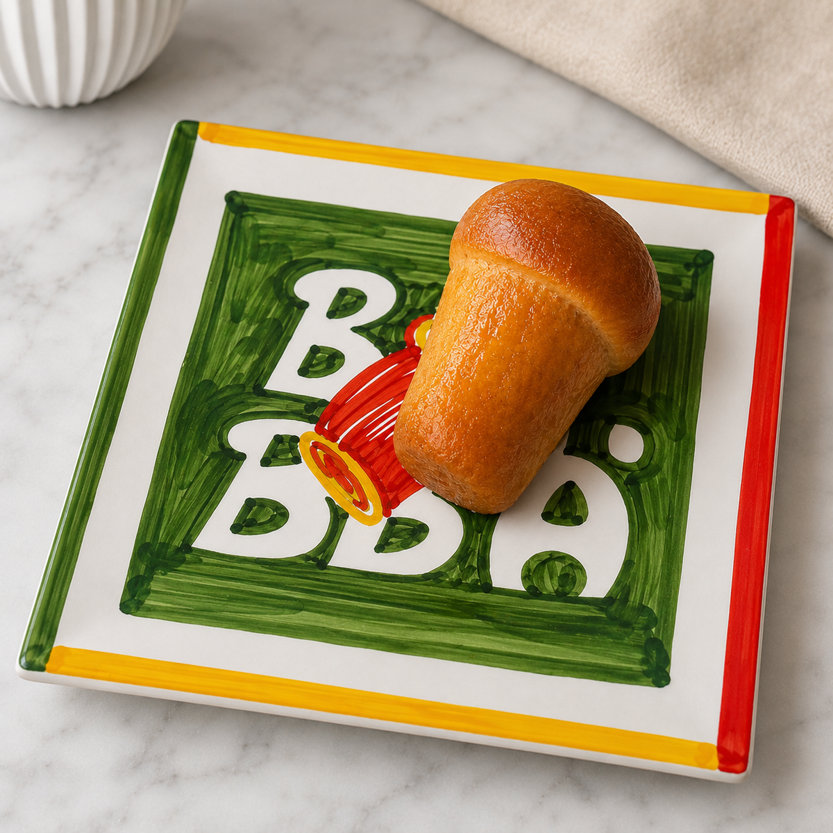 Maiolica Babà Napoletano dipinta a mano su terracotta smaltata. Ceramica artigianale Made in Italy, per uso alimentare, decorazione e regalo originale.