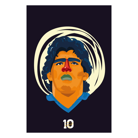 Poster artistico dedicato a Diego Armando Maradona con ritratto illustrato, numero 10 e colori ispirati a Napoli e al calcio napoletano.