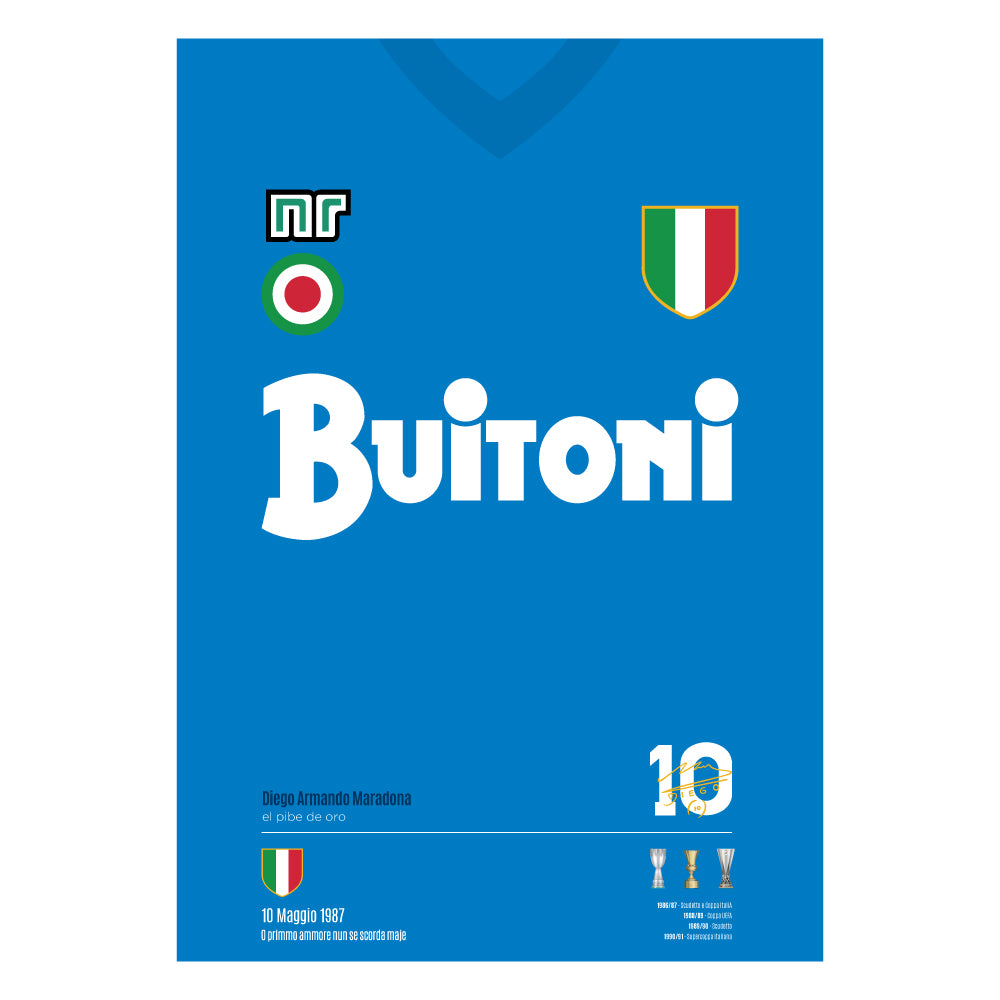 Poster grafico con la maglia storica del Napoli Buitoni 1987, omaggio a Maradona e al primo scudetto partenopeo, in stile vintage sportivo.