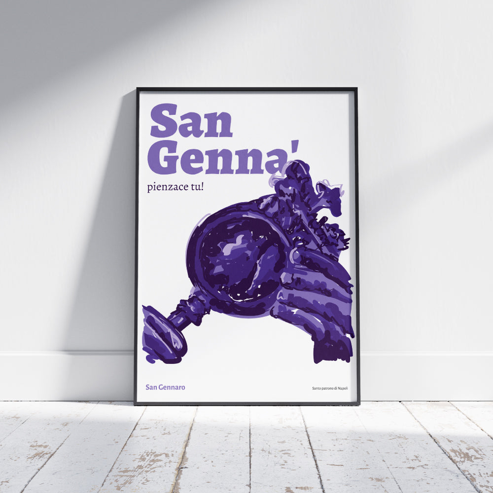 Il poster artistico di San Gennaro, santo patrono di Napoli, raffigura in stile pittorico contemporaneo l iconico momento in cui il vescovo regge l ampolla contenente il sangue miracoloso, legato al famoso prodigio della liquefazione. Il design, interamente in tonalita di viola su sfondo bianco, unisce tradizione e modernita, evocando la profonda devozione popolare napoletana. In evidenza, la scritta San Genna pienzace tu richiama un espressione tipica della cultura partenopea
