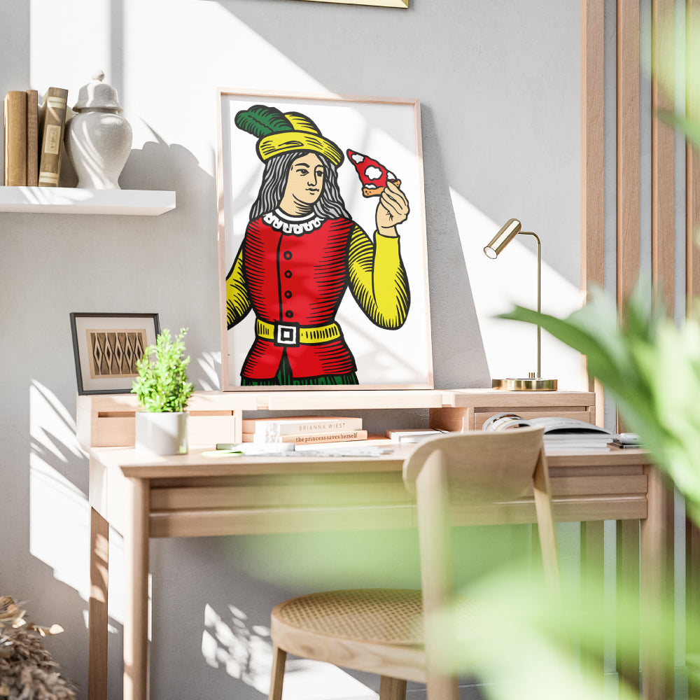 Nobile delle carte napoletane in stile Modiano che tiene in mano una fetta di pizza, illustrazione grafica colorata ispirata alla tradizione napoletana e alla pizza partenopea