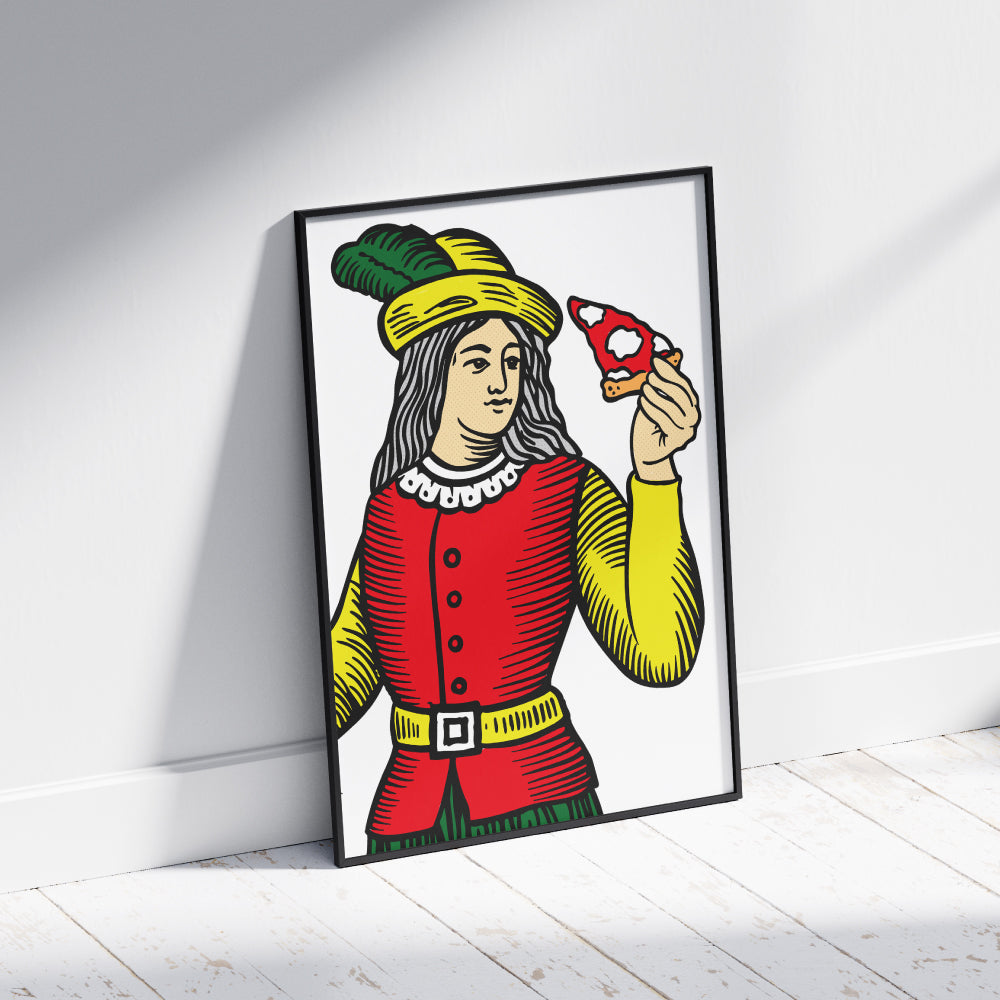 Nobile delle carte napoletane in stile Modiano che tiene in mano una fetta di pizza, illustrazione grafica colorata ispirata alla tradizione napoletana e alla pizza partenopea