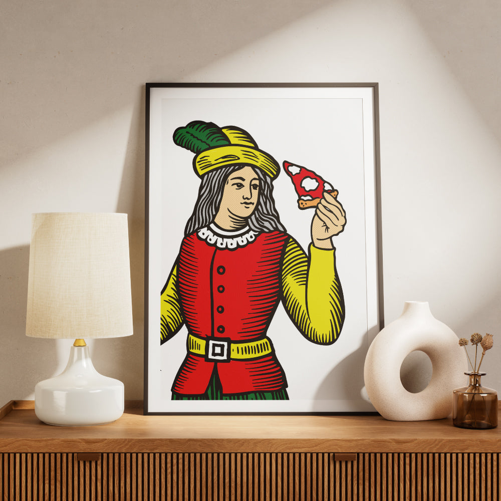 Nobile delle carte napoletane in stile Modiano che tiene in mano una fetta di pizza, illustrazione grafica colorata ispirata alla tradizione napoletana e alla pizza partenopea