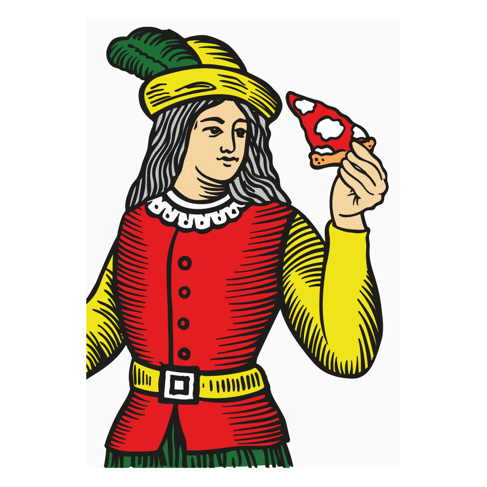 Nobile delle carte napoletane in stile Modiano che tiene in mano una fetta di pizza, illustrazione grafica colorata ispirata alla tradizione napoletana e alla pizza partenopea