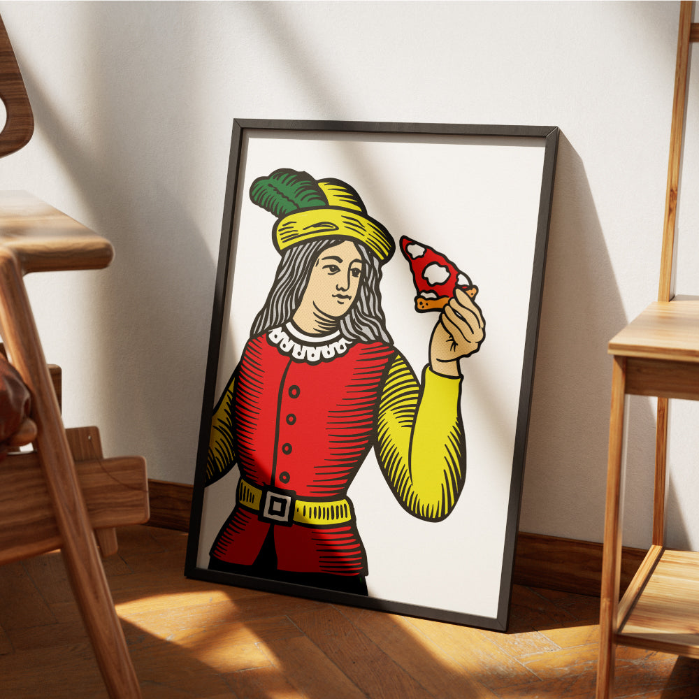 Nobile delle carte napoletane in stile Modiano che tiene in mano una fetta di pizza, illustrazione grafica colorata ispirata alla tradizione napoletana e alla pizza partenopea