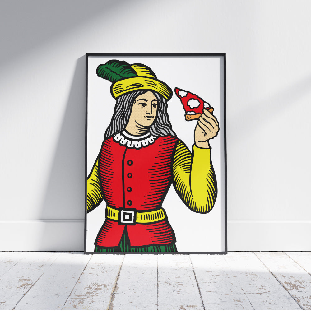 Nobile delle carte napoletane in stile Modiano che tiene in mano una fetta di pizza, illustrazione grafica colorata ispirata alla tradizione napoletana e alla pizza partenopea