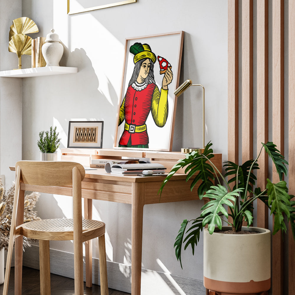 Nobile delle carte napoletane in stile Modiano che tiene in mano una fetta di pizza, illustrazione grafica colorata ispirata alla tradizione napoletana e alla pizza partenopea