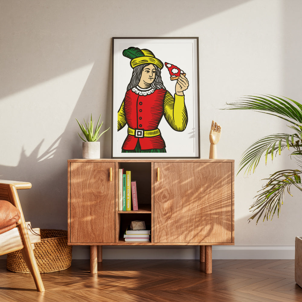 Nobile delle carte napoletane in stile Modiano che tiene in mano una fetta di pizza, illustrazione grafica colorata ispirata alla tradizione napoletana e alla pizza partenopea