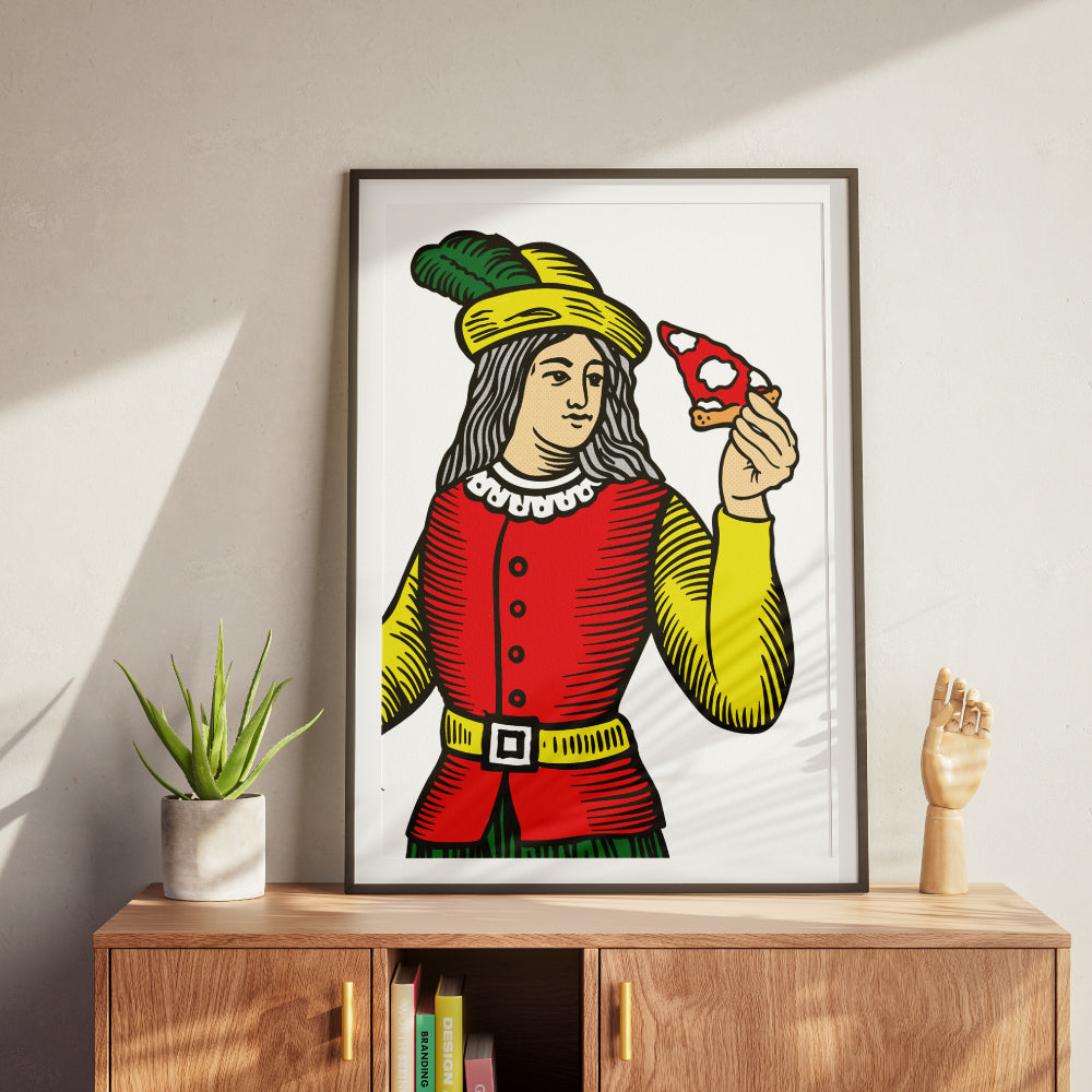 Nobile delle carte napoletane in stile Modiano che tiene in mano una fetta di pizza, illustrazione grafica colorata ispirata alla tradizione napoletana e alla pizza partenopea