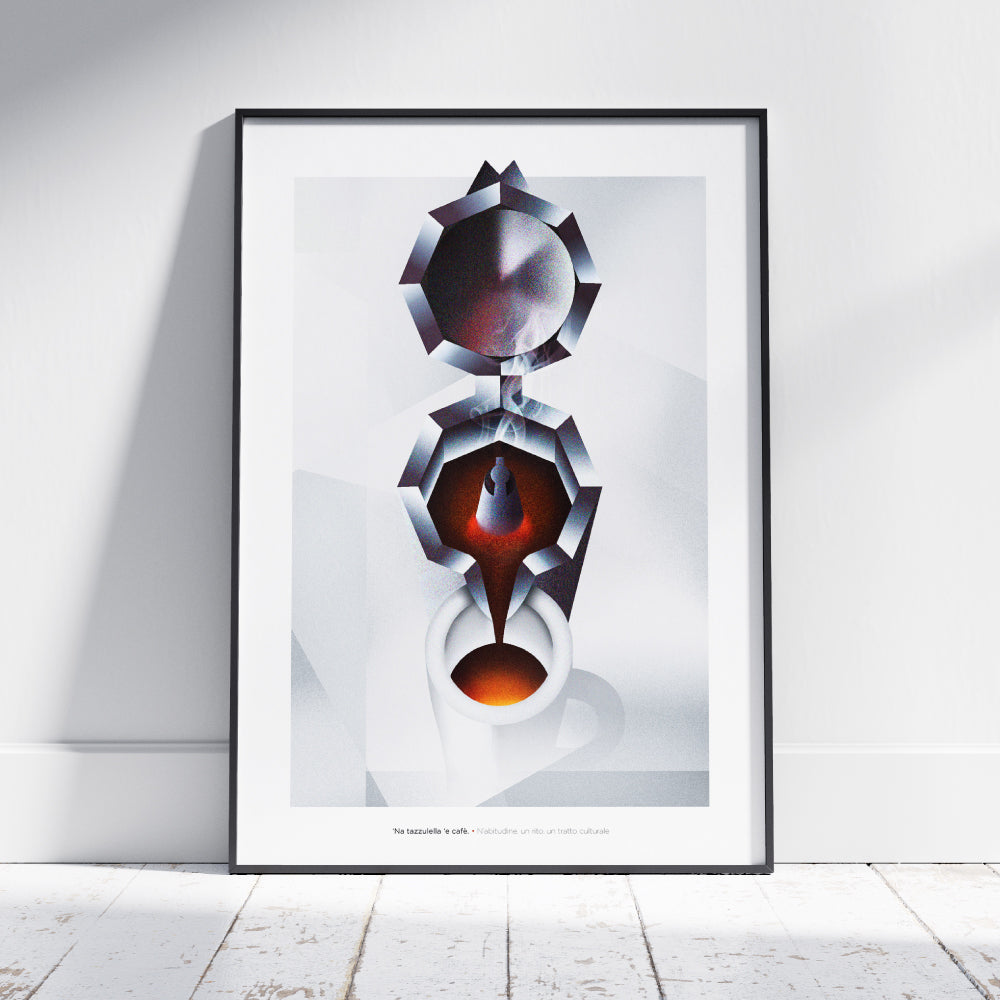 Il poster mostra una composizione artistica e geometrica ispirata alla moka napoletana vista dall alto. Nella parte superiore si distingue il coperchio circolare, seguito dalla camera intermedia in cui il caffe sale, raffigurata con sfumature scure e calde. Al centro si vede il getto di caffe che scorre verso il basso, fino a riempire una tazzina bianca posta in primo piano. Il design utilizza forme sfaccettate, ombre nette e contrasti cromatici tra il bianco dello sfondo e il rosso-bruno del caffe, evocand