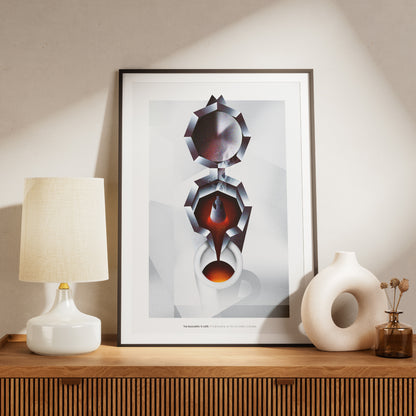 Il poster mostra una composizione artistica e geometrica ispirata alla moka napoletana vista dall alto. Nella parte superiore si distingue il coperchio circolare, seguito dalla camera intermedia in cui il caffe sale, raffigurata con sfumature scure e calde. Al centro si vede il getto di caffe che scorre verso il basso, fino a riempire una tazzina bianca posta in primo piano. Il design utilizza forme sfaccettate, ombre nette e contrasti cromatici tra il bianco dello sfondo e il rosso-bruno del caffe, evocand