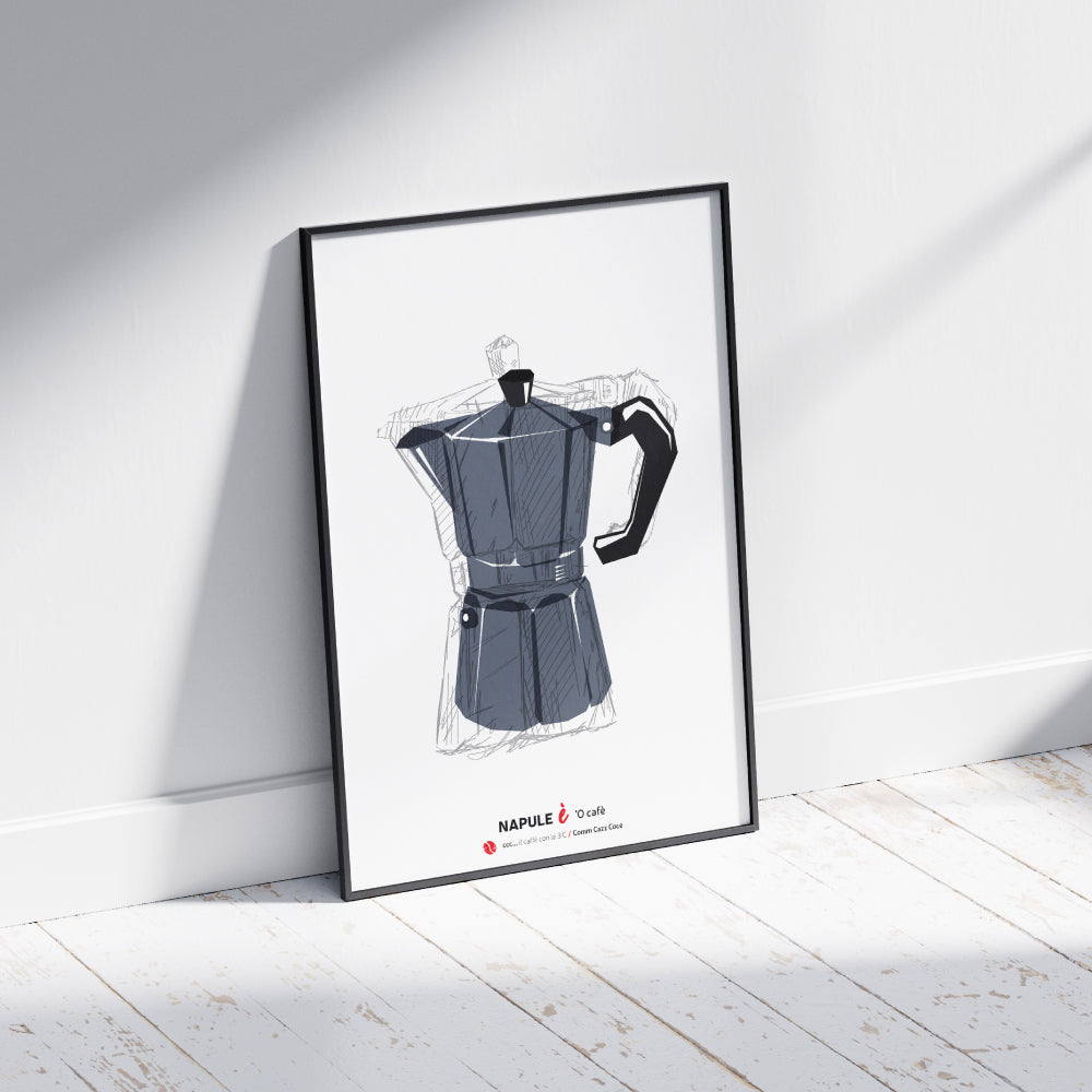 Illustrazione moderna di una moka napoletana, poster artistico sul caffe espresso italiano, decorazione da cucina e bar in stile vintage.