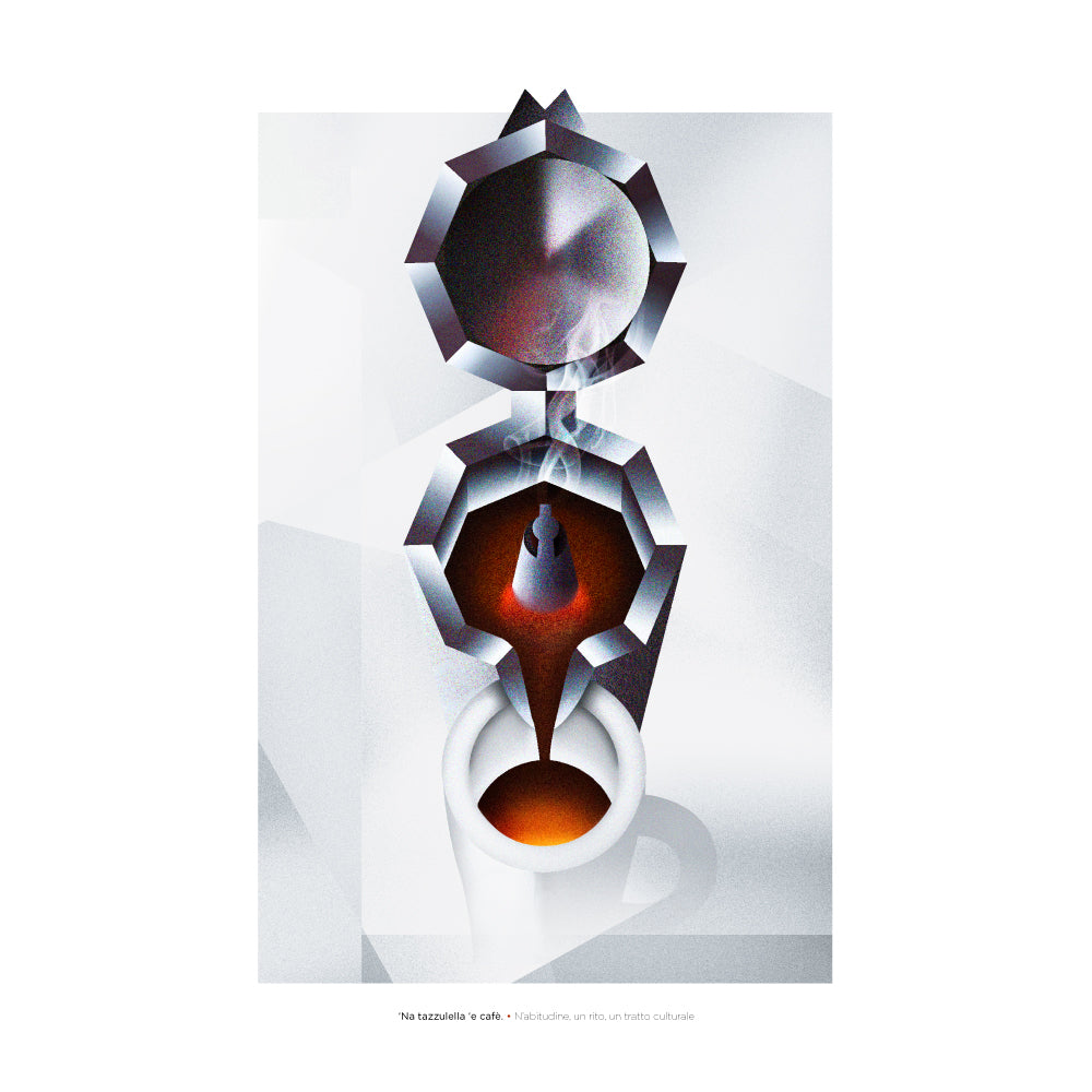 Il poster mostra una composizione artistica e geometrica ispirata alla moka napoletana vista dall alto. Nella parte superiore si distingue il coperchio circolare, seguito dalla camera intermedia in cui il caffe sale, raffigurata con sfumature scure e calde. Al centro si vede il getto di caffe che scorre verso il basso, fino a riempire una tazzina bianca posta in primo piano. Il design utilizza forme sfaccettate, ombre nette e contrasti cromatici tra il bianco dello sfondo e il rosso-bruno del caffe, evocand
