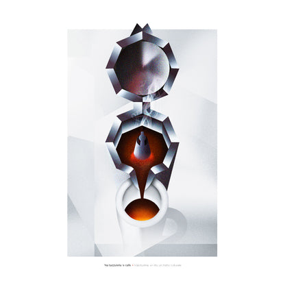Il poster mostra una composizione artistica e geometrica ispirata alla moka napoletana vista dall alto. Nella parte superiore si distingue il coperchio circolare, seguito dalla camera intermedia in cui il caffe sale, raffigurata con sfumature scure e calde. Al centro si vede il getto di caffe che scorre verso il basso, fino a riempire una tazzina bianca posta in primo piano. Il design utilizza forme sfaccettate, ombre nette e contrasti cromatici tra il bianco dello sfondo e il rosso-bruno del caffe, evocand