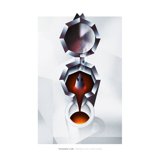 Il poster mostra una composizione artistica e geometrica ispirata alla moka napoletana vista dall alto. Nella parte superiore si distingue il coperchio circolare, seguito dalla camera intermedia in cui il caffe sale, raffigurata con sfumature scure e calde. Al centro si vede il getto di caffe che scorre verso il basso, fino a riempire una tazzina bianca posta in primo piano. Il design utilizza forme sfaccettate, ombre nette e contrasti cromatici tra il bianco dello sfondo e il rosso-bruno del caffe, evocand