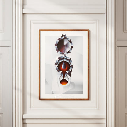 Il poster mostra una composizione artistica e geometrica ispirata alla moka napoletana vista dall alto. Nella parte superiore si distingue il coperchio circolare, seguito dalla camera intermedia in cui il caffe sale, raffigurata con sfumature scure e calde. Al centro si vede il getto di caffe che scorre verso il basso, fino a riempire una tazzina bianca posta in primo piano. Il design utilizza forme sfaccettate, ombre nette e contrasti cromatici tra il bianco dello sfondo e il rosso-bruno del caffe, evocand