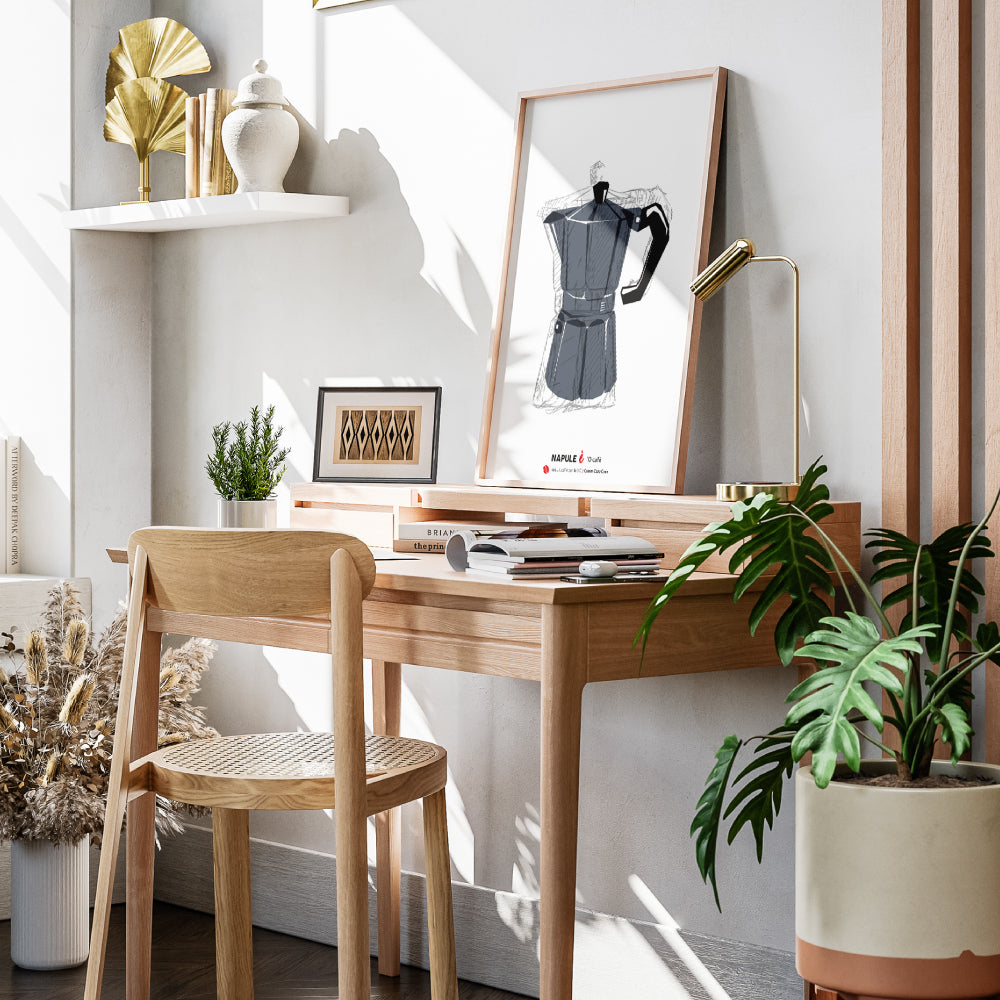 Illustrazione moderna di una moka napoletana, poster artistico sul caffe espresso italiano, decorazione da cucina e bar in stile vintage.