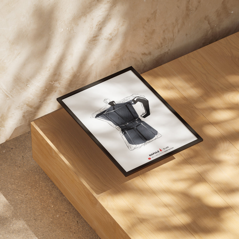 Illustrazione moderna di una moka napoletana, poster artistico sul caffe espresso italiano, decorazione da cucina e bar in stile vintage.