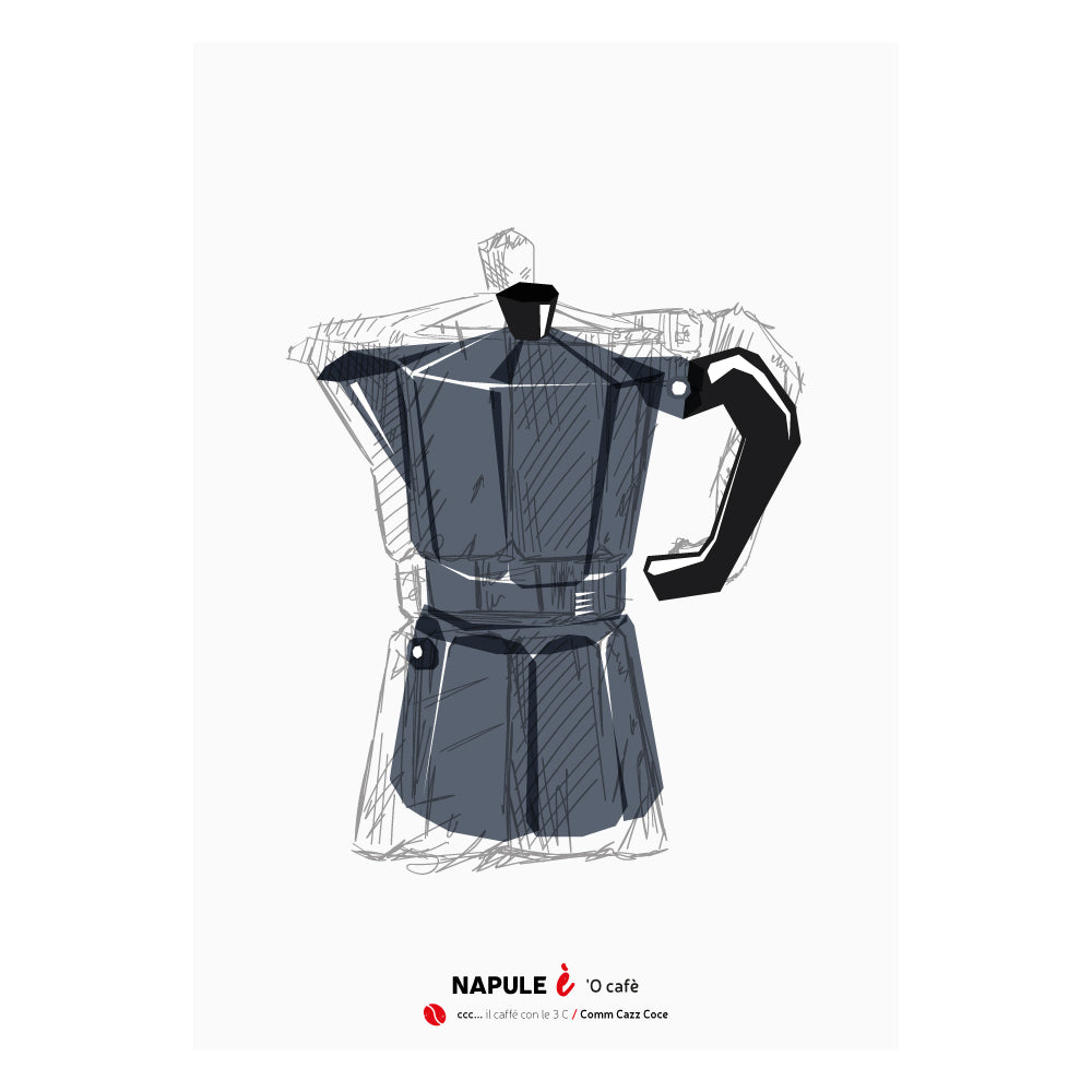 Illustrazione moderna di una moka napoletana, poster artistico sul caffe espresso italiano, decorazione da cucina e bar in stile vintage.