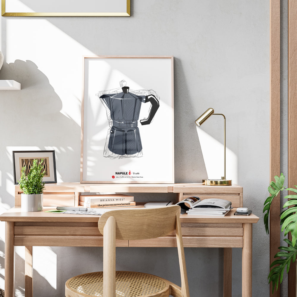 Illustrazione moderna di una moka napoletana, poster artistico sul caffe espresso italiano, decorazione da cucina e bar in stile vintage.