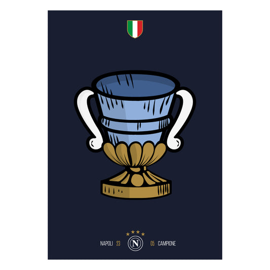 Poster Napoli Campione d’Italia 2023 con illustrazione di coppa ispirata al segno di coppe delle carte napoletane, design moderno azzurro e oro, ideale per tifosi e collezionisti SSC Napoli.
