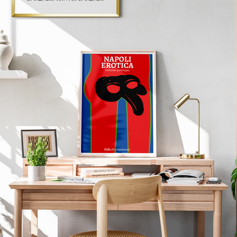 Napoli Erotica art poster featuring a stylized black Pulcinella mask on a red background with the phrase Fallo alla napoletana an ironic and provocative illustration inspired by Naples Neapolitan culture and visual double meanings.