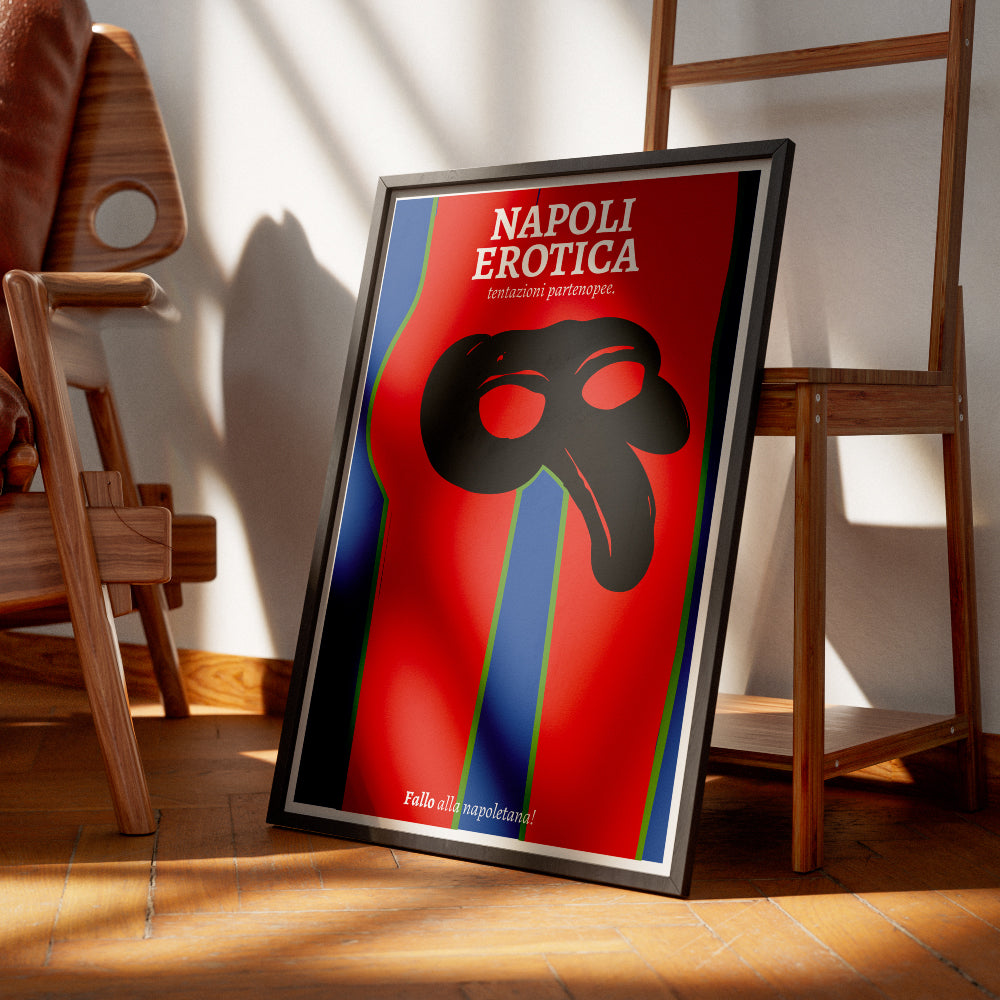 Napoli Erotica art poster featuring a stylized black Pulcinella mask on a red background with the phrase Fallo alla napoletana an ironic and provocative illustration inspired by Naples Neapolitan culture and visual double meanings.
