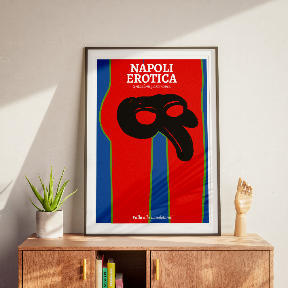 Napoli Erotica art poster featuring a stylized black Pulcinella mask on a red background with the phrase Fallo alla napoletana an ironic and provocative illustration inspired by Naples Neapolitan culture and visual double meanings.
