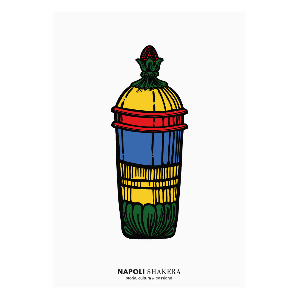 Poster artistico colorato ispirato alle carte napoletane Modiano, con shaker stilizzato simbolo di Napoli come fusione di culture, storia e passione mediterranea. Ideale per arredare case, uffici, cocktail bar e distillerie.