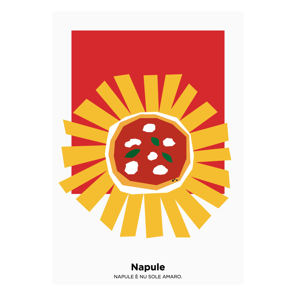 Poster grafico moderno con pizza Margherita stilizzata al centro di un sole giallo su sfondo rosso, con scritta Napule e nu sole amaro, ispirato alla cultura napoletana.