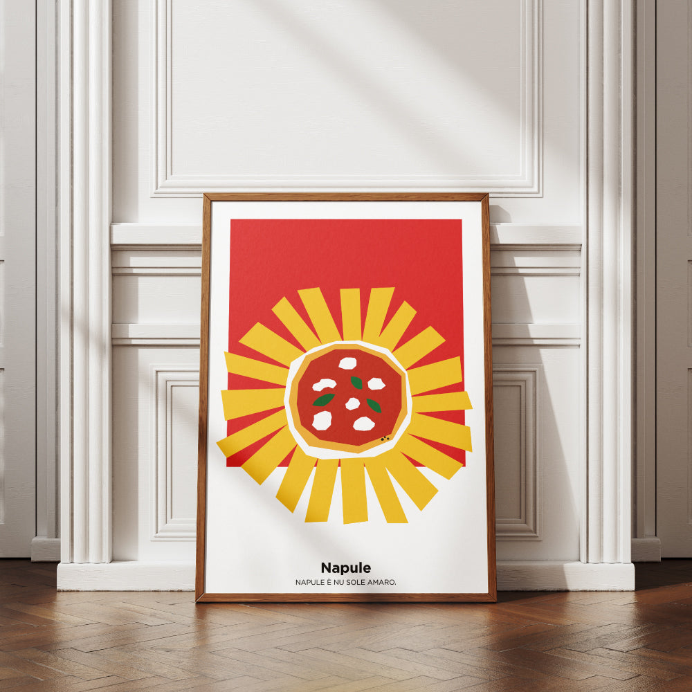 Poster grafico moderno con pizza Margherita stilizzata al centro di un sole giallo su sfondo rosso, con scritta Napule e nu sole amaro, ispirato alla cultura napoletana.