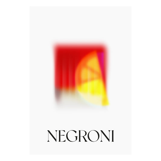 Poster negroni composizione minimalista con grande riquadro rosso e semicerchio arancio giallo sfumato sulla destra in basso lettering serif nero negroni Perfetto per decorazione bar  cucina o regalo per appassionati di cocktail.
