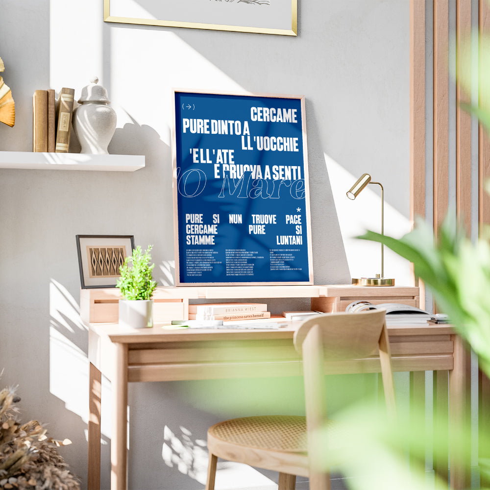 Poster Napoli design con il testo della canzone Arrecria di Fabio Canciello. Stampa artistica tipografica dedicata al mare di Napoli e alla cultura partenopea, perfetta come quadro moderno per arredare casa o ufficio.