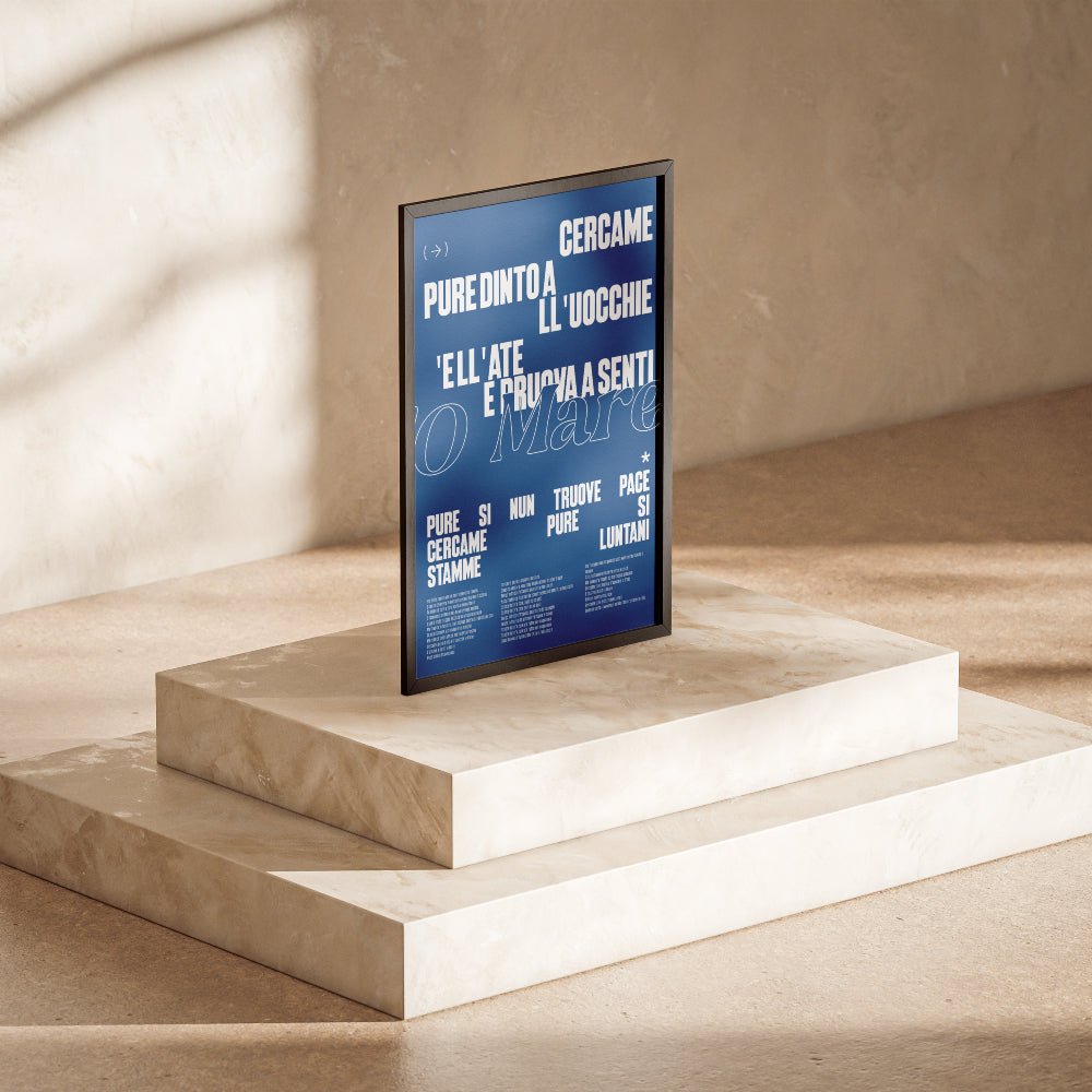 Poster Napoli design con il testo della canzone Arrecria di Fabio Canciello. Stampa artistica tipografica dedicata al mare di Napoli e alla cultura partenopea, perfetta come quadro moderno per arredare casa o ufficio.