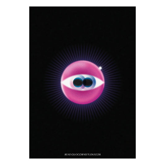 Poster artistico moderno con occhio stilizzato al centro di una sfera magenta su sfondo nero, ispirato alla canzone Chimica di Donatella Rettore e Ditonellapiaga