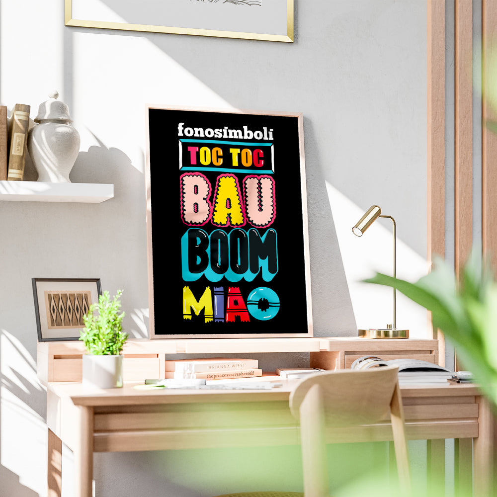 Poster tipografico illustrato con fonosimboli TOC TOC  BAU BOOM e MIAO in lettering colorato su sfondo nero design pop contemporaneo ideale per decorazione parete.