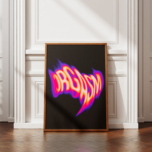 Poster tipografico moderno con la parola Orgasm in stile flame psichedelico dai colori neon su sfondo nero