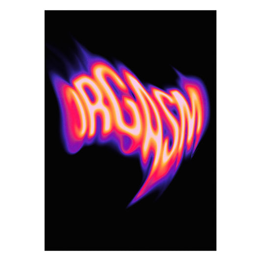Poster tipografico moderno con la parola Orgasm in stile flame psichedelico dai colori neon su sfondo nero