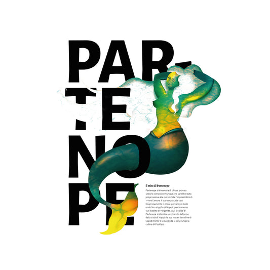 Poster tipografico Partenope con sirena verde gialla su scritta nera, design artistico ispirato a Napoli, ideale come decorazione da parete moderna.